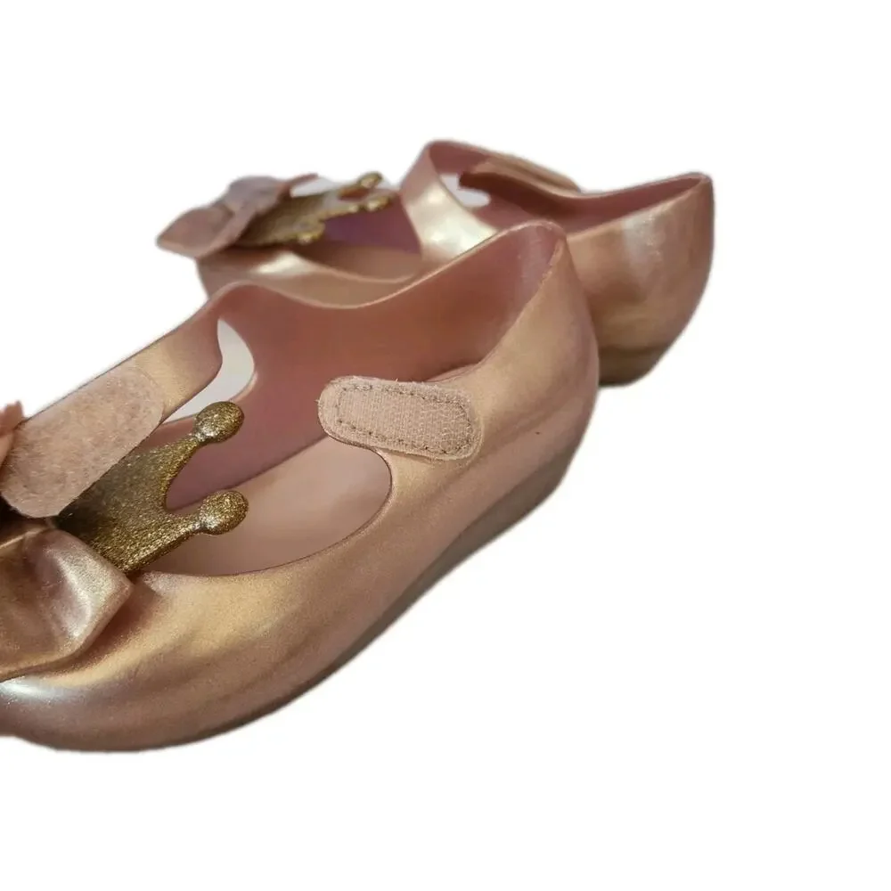 Mini Melissa Princess Crown Shoes Mary Jane Pearly Gold Sz 9 toddler Peep Toe